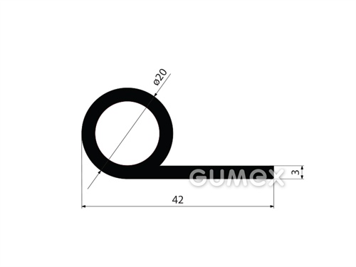 Gumový profil tvaru "P" s dutinkou, 42x20/3mm, dĺžka 1555mm, 70°ShA, EPDM, -40°C/+100°C, čierny